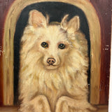 Papillon in Dog House, Oil on Panel Folk Art Painting by Angie Montgomery, 1918, Age 84