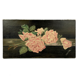 Moody Pink Roses with Perfect Cracquleure, Antique Oil on Canvas Painting