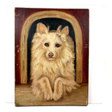 Papillon in Dog House, Oil on Panel Folk Art Painting by Angie Montgomery, 1918, Age 84