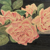 Moody Pink Roses with Perfect Cracquleure, Antique Oil on Canvas Painting