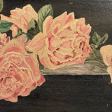 Moody Pink Roses with Perfect Cracquleure, Antique Oil on Canvas Painting