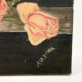 Moody Pink Roses with Perfect Cracquleure, Antique Oil on Canvas Painting