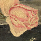 Moody Pink Roses with Perfect Cracquleure, Antique Oil on Canvas Painting
