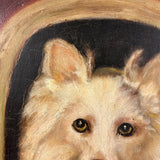 Papillon in Dog House, Oil on Panel Folk Art Painting by Angie Montgomery, 1918, Age 84