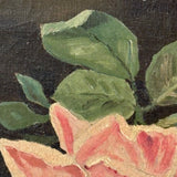 Moody Pink Roses with Perfect Cracquleure, Antique Oil on Canvas Painting