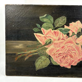 Moody Pink Roses with Perfect Cracquleure, Antique Oil on Canvas Painting
