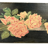 Moody Pink Roses with Perfect Cracquleure, Antique Oil on Canvas Painting
