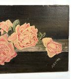 Moody Pink Roses with Perfect Cracquleure, Antique Oil on Canvas Painting