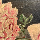 Moody Pink Roses with Perfect Cracquleure, Antique Oil on Canvas Painting