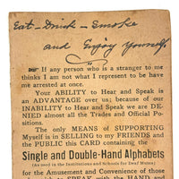 C. 1920 J.M.T Davis, Deaf Mute, Single and Double Hand Sign Language Alphabets Card
