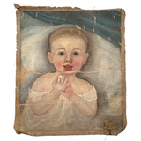 SOLD Beautiful Baby! C. 1850s Folk Art Oil Painting on Un-stretched S.N Dodges, NY Canvas