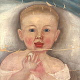 SOLD Beautiful Baby! C. 1850s Folk Art Oil Painting on Un-stretched S.N Dodges, NY Canvas