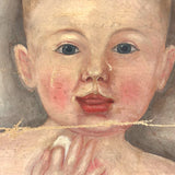 SOLD Beautiful Baby! C. 1850s Folk Art Oil Painting on Un-stretched S.N Dodges, NY Canvas