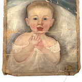 SOLD Beautiful Baby! C. 1850s Folk Art Oil Painting on Un-stretched S.N Dodges, NY Canvas