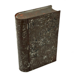19th Century Hinged Tole Book Shaped Box with Remnants of Black and Red Paint
