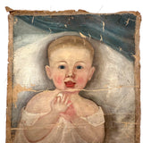 SOLD Beautiful Baby! C. 1850s Folk Art Oil Painting on Un-stretched S.N Dodges, NY Canvas