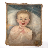SOLD Beautiful Baby! C. 1850s Folk Art Oil Painting on Un-stretched S.N Dodges, NY Canvas