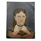 Young Woman with Pink Cheeks, Gold Jewelry, Lace Collar, Antique Folk Art Painted Tintype