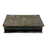 19th Century Hinged Tole Book Shaped Box with Remnants of Black and Red Paint