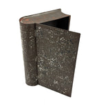 19th Century Hinged Tole Book Shaped Box with Remnants of Black and Red Paint