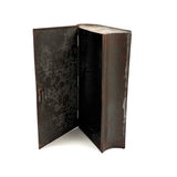 19th Century Hinged Tole Book Shaped Box with Remnants of Black and Red Paint
