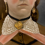 Young Woman with Pink Cheeks, Gold Jewelry, Lace Collar, Antique Folk Art Painted Tintype
