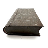 19th Century Hinged Tole Book Shaped Box with Remnants of Black and Red Paint