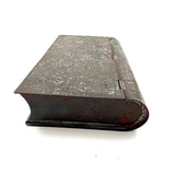 19th Century Hinged Tole Book Shaped Box with Remnants of Black and Red Paint