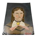 Young Woman with Pink Cheeks, Gold Jewelry, Lace Collar, Antique Folk Art Painted Tintype