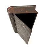 19th Century Hinged Tole Book Shaped Box with Remnants of Black and Red Paint