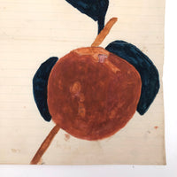 Lush Antique Naive Watercolor of Peach with Blue Leaves