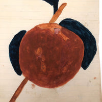 Lush Antique Naive Watercolor of Peach with Blue Leaves