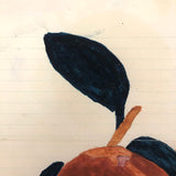 Lush Antique Naive Watercolor of Peach with Blue Leaves