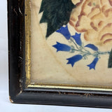 C. Mid 19th Century Theorem Painted Flowers on Velvet with Sprig of Blue Bells, Period Frame