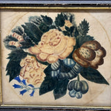 C. Mid 19th Century Theorem Painted Flowers on Velvet with Sprig of Blue Bells, Period Frame