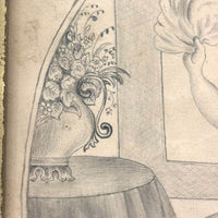 Die Beschützerin (The Protector), Victorian Graphite Drawing of Girl with Her Pets in Period Frame