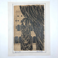 Edwin Kosarek 1953 Graphite Portrait of Veiled Woman with Architecture