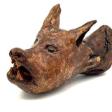 SOLD Old Carved Burl Folk Art Wolf (?) Head with Bared Teeth