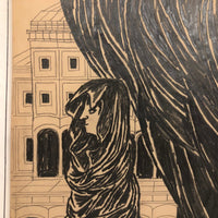 Edwin Kosarek 1953 Graphite Portrait of Veiled Woman with Architecture
