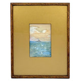 1911 Watercolor Seascape with Lighthouse and Gulls Signed LHH in Original Gilded Frame with Gold Mat