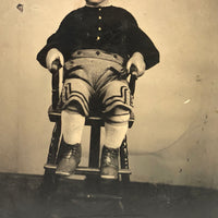 Intense Blushing Boy in Shorts in High Chair, Antique Hand-tinted Tintype