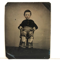 Intense Blushing Boy in Shorts in High Chair, Antique Hand-tinted Tintype