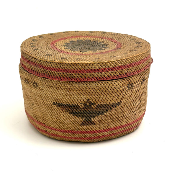 Beautiful Antique Macah Beargrass and Cedar Bark Basket with Birds and Sun