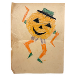 Dancing Jack-O'-Lantern, Excellent Vintage Kid's Crayon Drawing