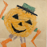 Dancing Jack-O'-Lantern, Excellent Vintage Kid's Crayon Drawing