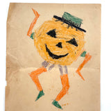 Dancing Jack-O'-Lantern, Excellent Vintage Kid's Crayon Drawing