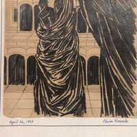 Edwin Kosarek 1953 Graphite Portrait of Veiled Woman with Architecture