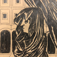 Edwin Kosarek 1953 Graphite Portrait of Veiled Woman with Architecture