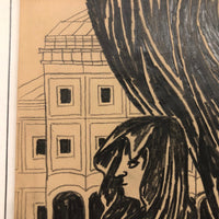 Edwin Kosarek 1953 Graphite Portrait of Veiled Woman with Architecture