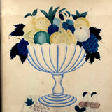 Fruits in Blues and Yellow, Wonderful 19th Century Theorem Watercolor, Framed